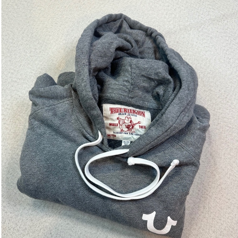 True Religion Hoodie Mens 3XL Gray Cotton Quilt Raglan Pullover Logo Sweatshirt